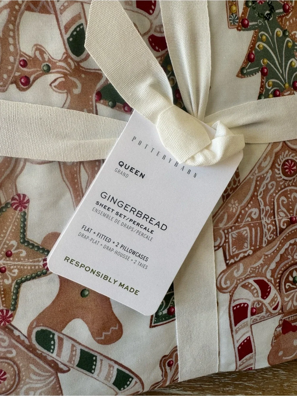 Pottery Barn Gingerbread Print Cotton Sheet Set - White, Brown, Green, Red